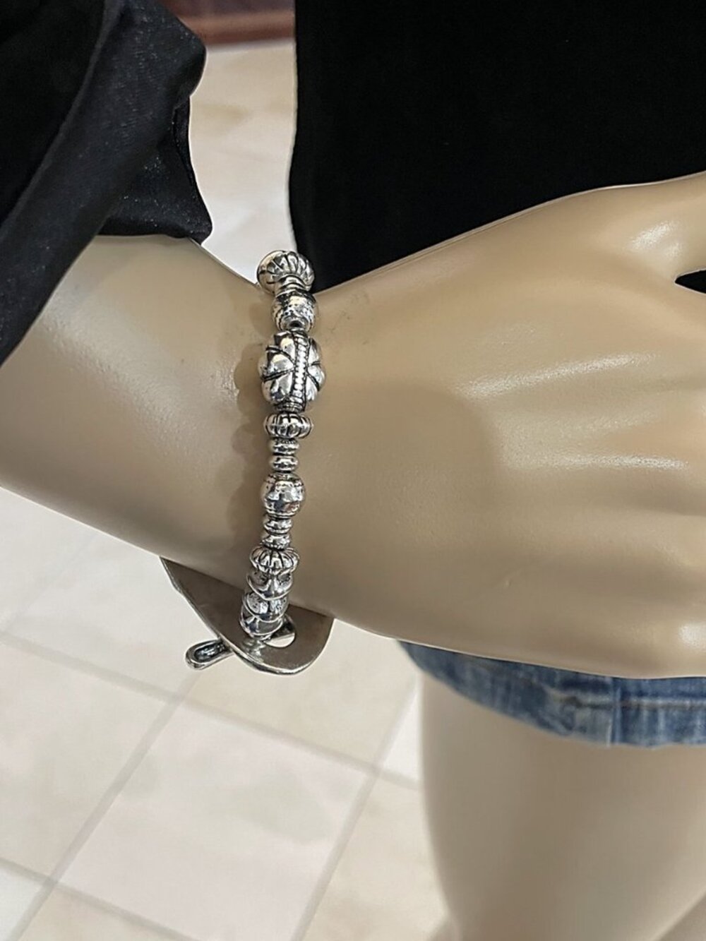 Vintage Tribal Distressed Silver Bangle Stretch Bracelet Ethnic Boho Wide Band - Picture 6 of 13